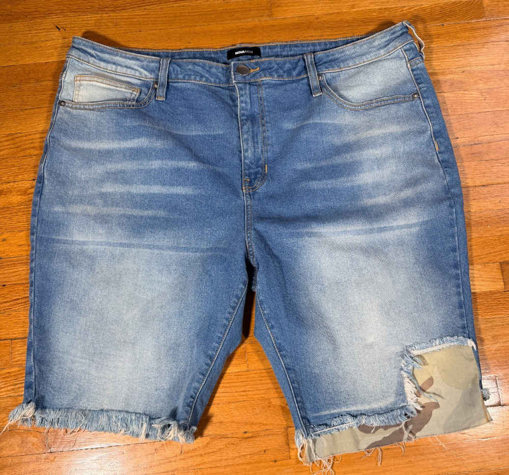 NOVAMEN Men’s Size 40 Light Wash Denim Shorts Distressed Camo Patch Raw Hem